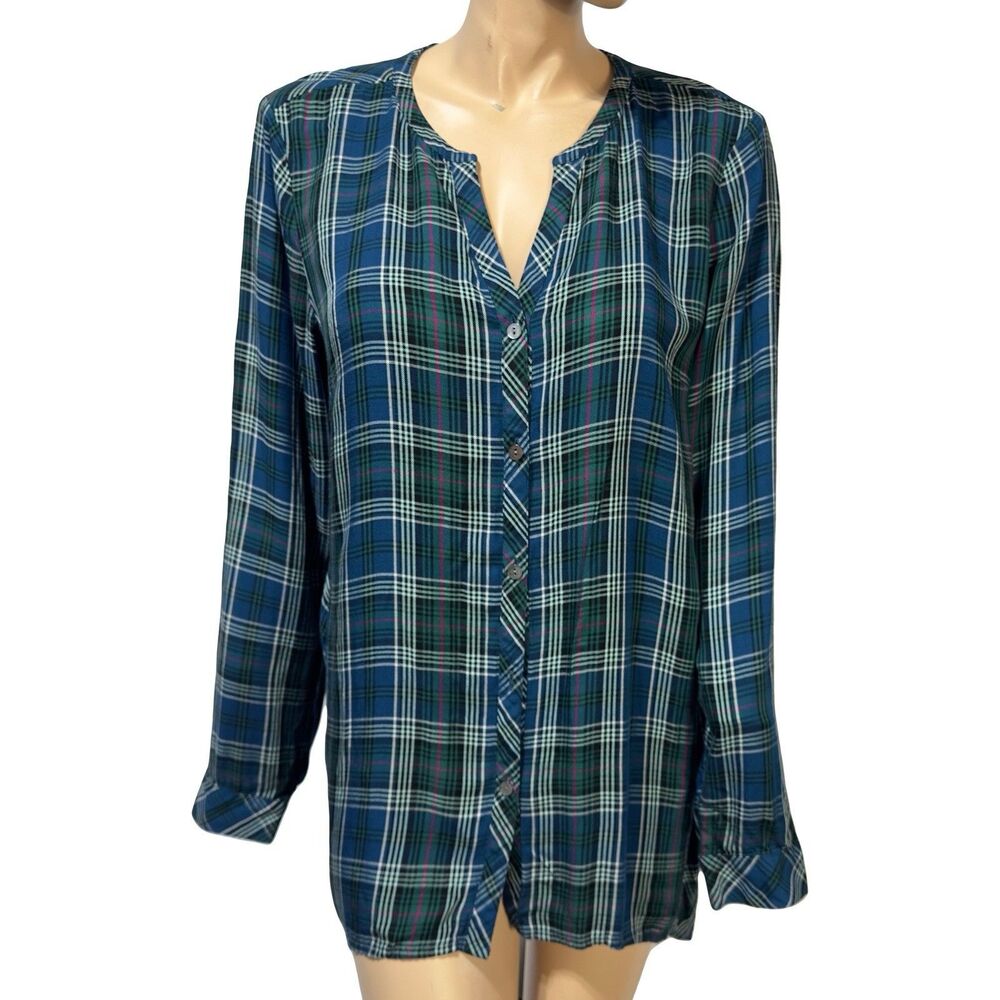 J Jill Plaid Tunic Top Blouse Size Large L Button Front Split Neck Long Sleeve